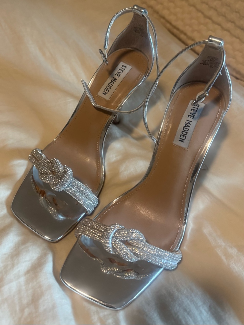Steve Madden Silver Crystal-Knot Ankle Strap Heels
